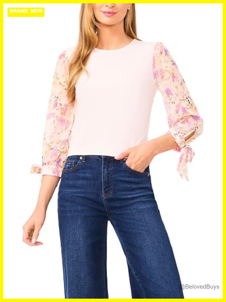 Women's Floral Mixed Media Tie Sleeve Top